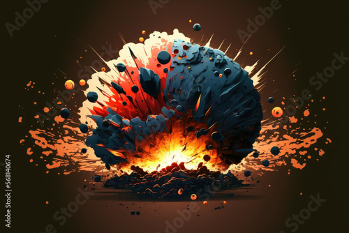 The explosive suddenly exploded in a large manner. the shockwave. the amount of firesparks and black smoke. the bomb or artillery ball going off. Close up outburst. Generative AI photo