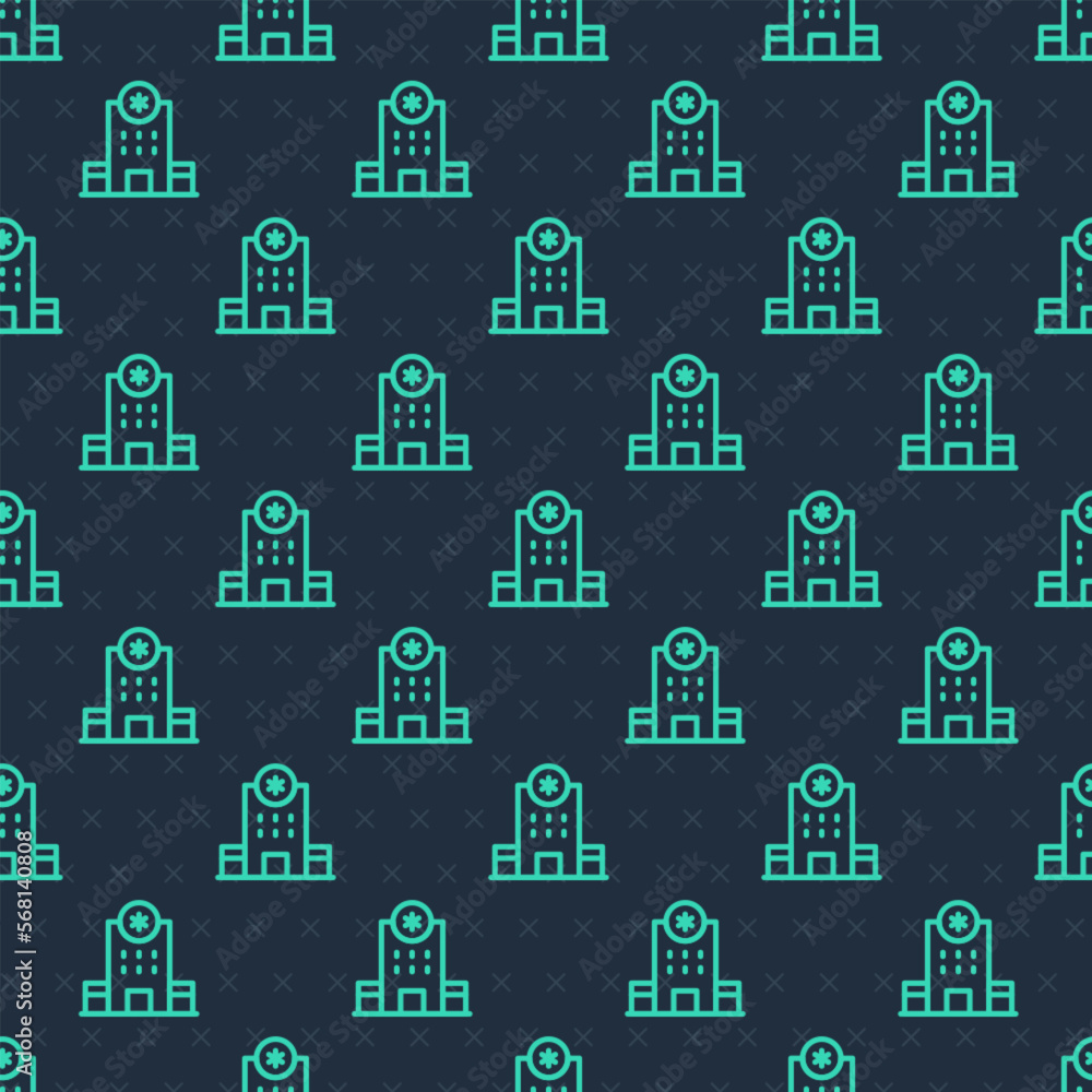 Green line Medical hospital building with cross icon isolated seamless pattern on blue background. Medical center. Health care. Vector
