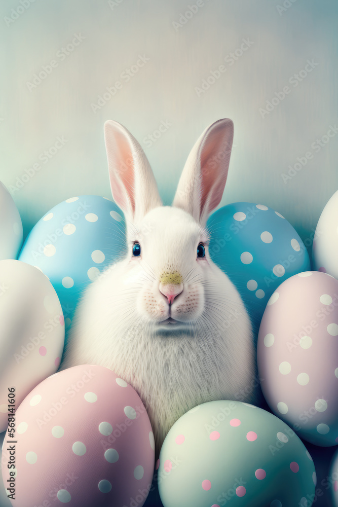 Easter bunny rabbit with blue, white eggs on white, gray background. Front view with space for text. .Greeting card template. generative ai