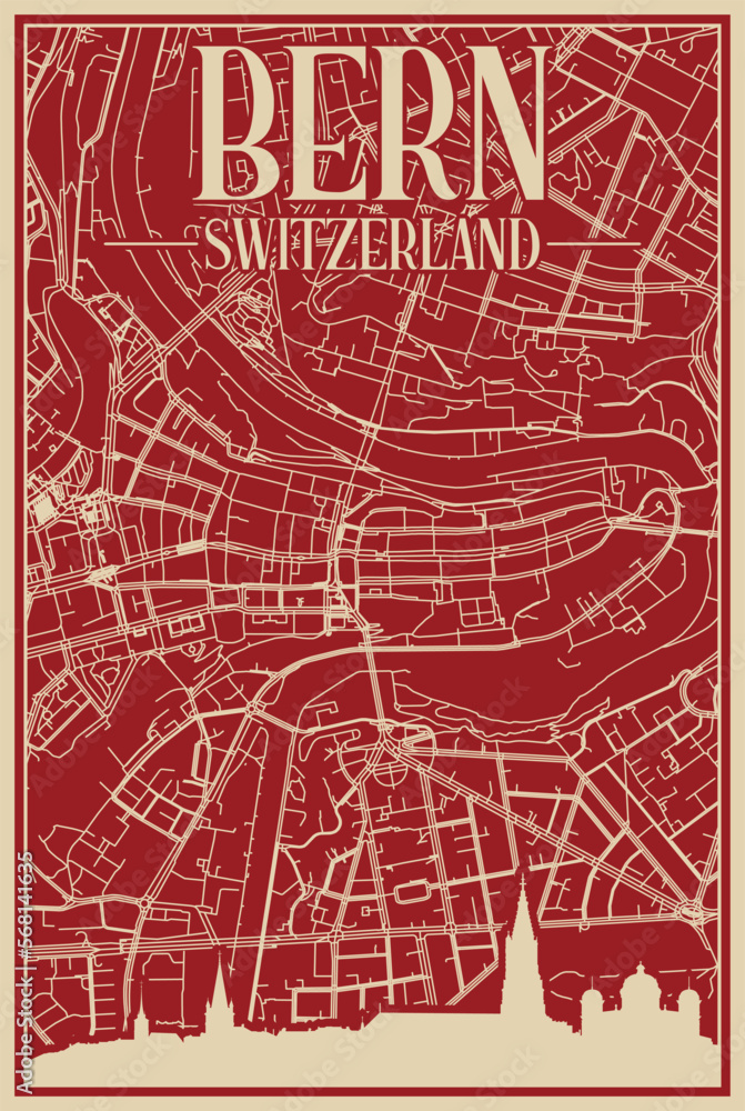 Red hand-drawn framed poster of the downtown BERN, SWITZERLAND with highlighted vintage city skyline and lettering