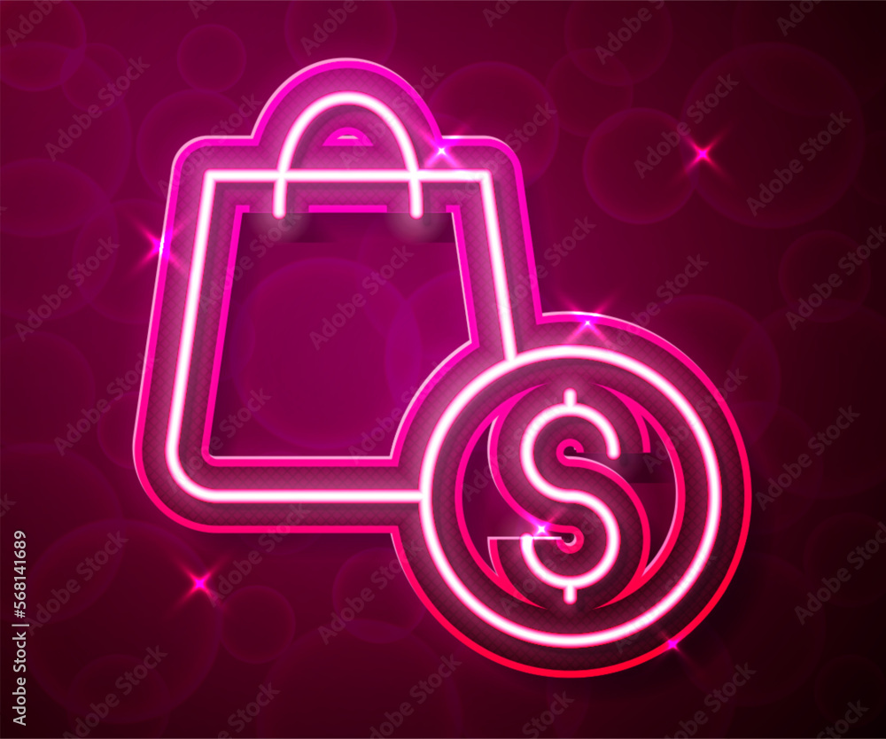 Glowing neon line Shopping bag and dollar icon isolated on red background. Handbag sign. Woman bag icon. Female handbag sign. Vector Glowing neon line Shopping bag and dollar icon isolated on red background. Handbag sign. Woman bag icon. Female handbag sign. Vector