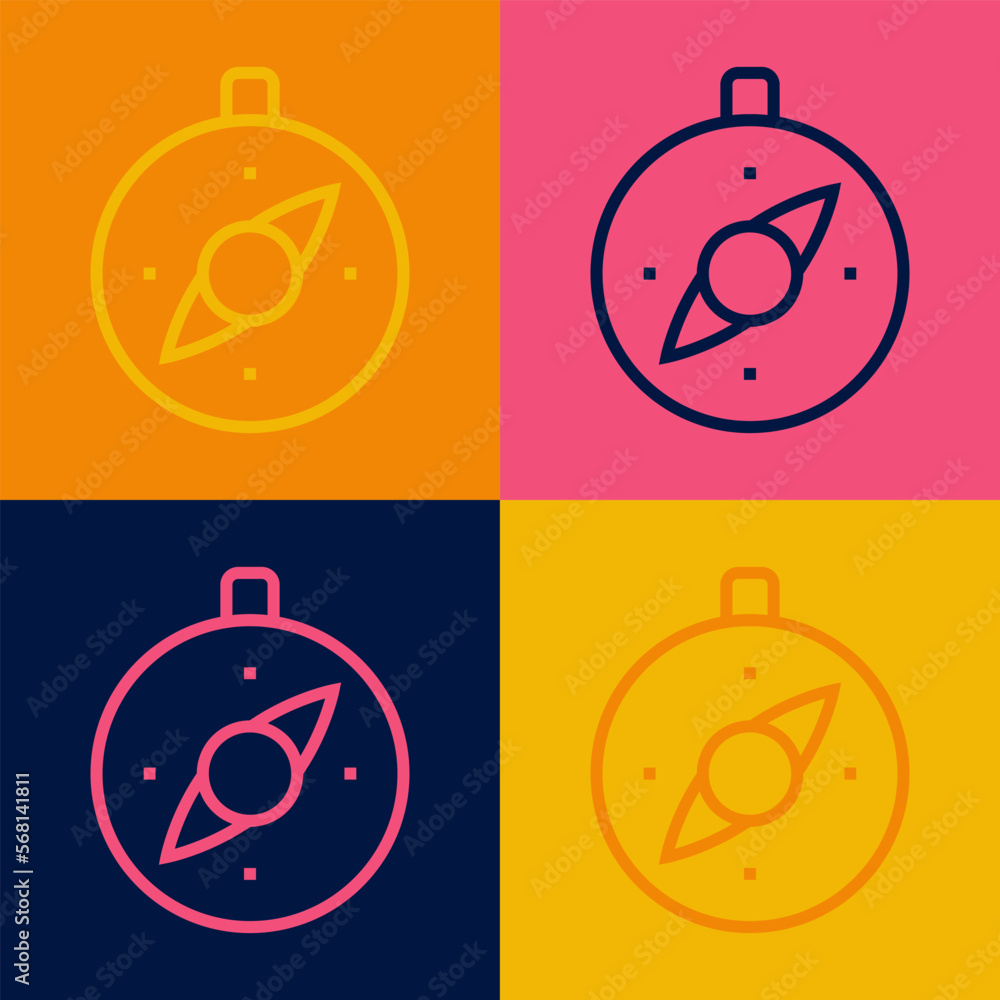Pop art line Compass icon isolated on color background. Windrose navigation symbol. Wind rose sign. Vector