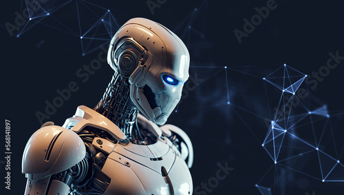 Humanoid android covered in white skin, Machine learning technology concept. Sci-Fi cybernetic robot. Generative AI	 photo