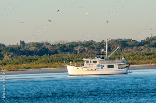 An older model motor yacht boat anchored in the inter-coastal waterway during low tide
