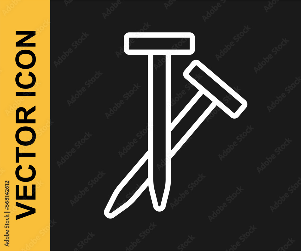 White line Metallic nails icon isolated on black background. Vector White line Metallic nails icon isolated on black background. Vector