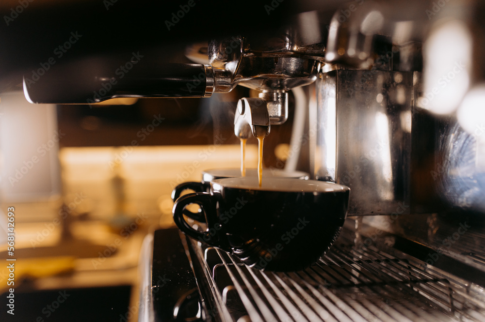 Easy to use. Portafilter with ground coffee. Espresso machine parts. Coffee machine or coffeemaker in coffee shop. Stainless steel cooking appliance to brew coffee. Espresso being brewed in cafe. foto...