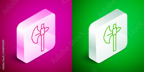 Isometric line Medieval axe icon isolated on pink and green background. Battle axe, executioner axe. Medieval weapon. Silver square button. Vector