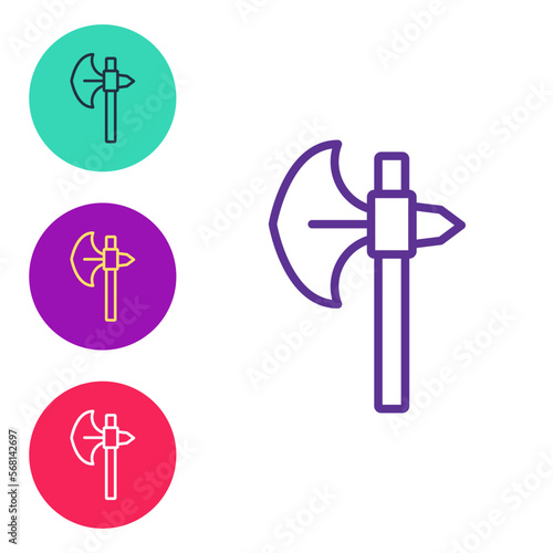 Set line Medieval axe icon isolated on white background. Battle axe, executioner axe. Medieval weapon. Set icons colorful. Vector