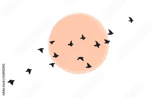 Birds Group Flying Against the Sun or Moon