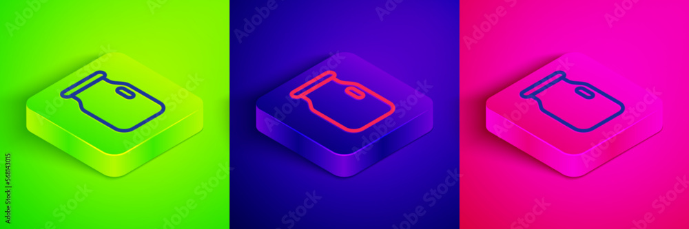 Isometric line Glass jar with screw-cap icon isolated on green, blue and pink background. Square button. Vector Isometric line Glass jar with screw-cap icon isolated on green, blue and pink background. Square button. Vector