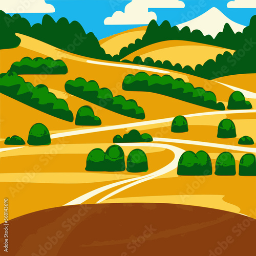 4K Vector Landschaft Bunt Bäume Felder