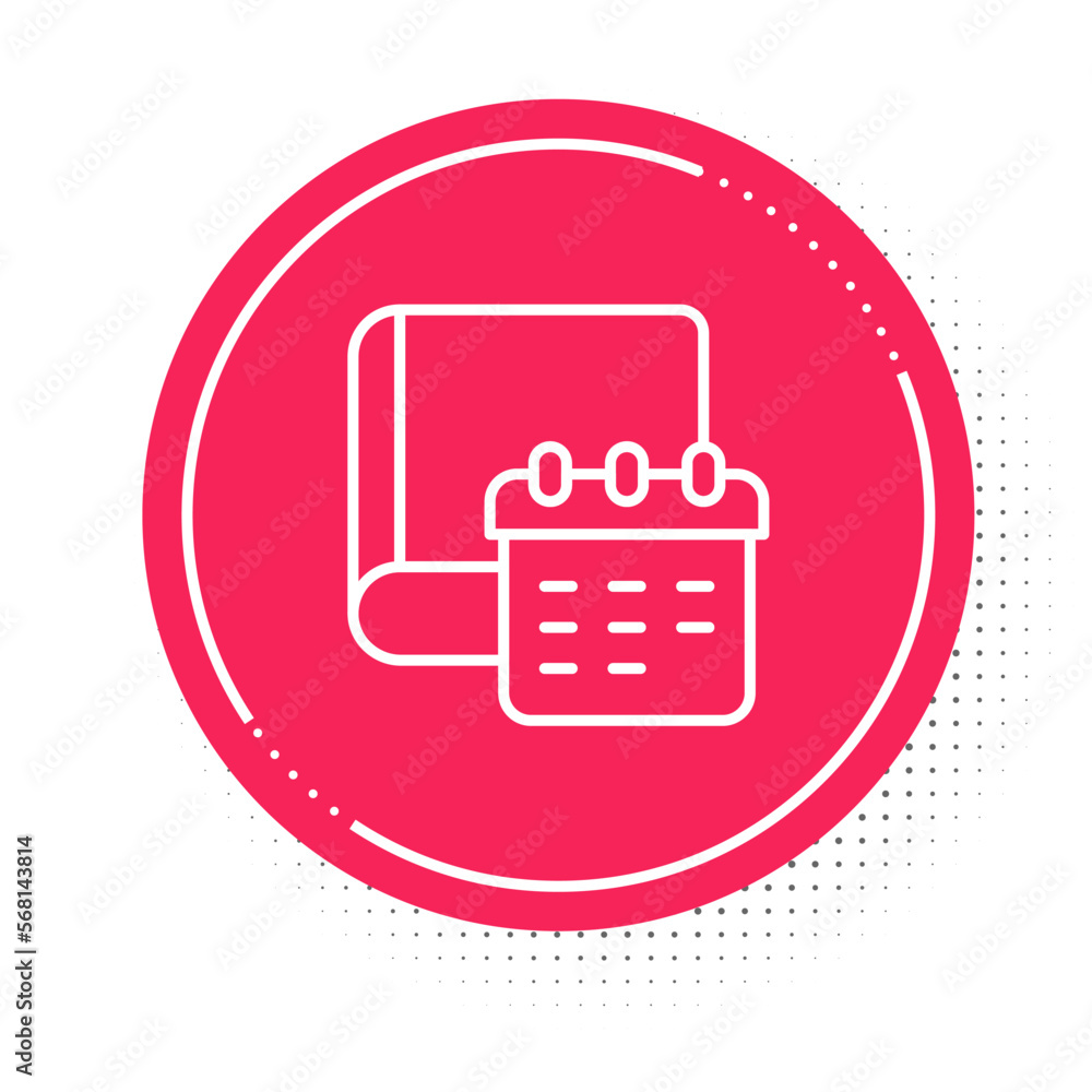 White line Daily paper notepad icon isolated on white background. Red circle button. Vector White line Daily paper notepad icon isolated on white background. Red circle button. Vector