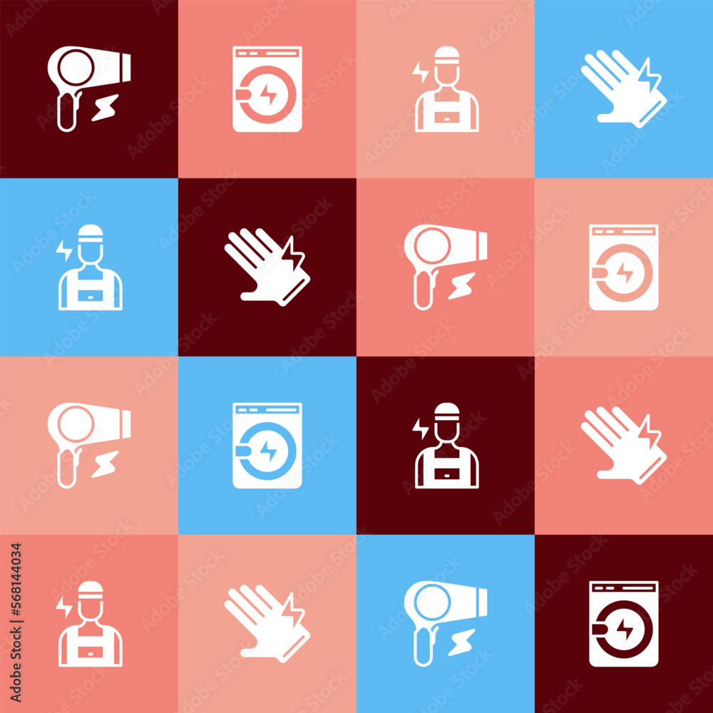 Set pop art Hair dryer, Washer, Electrician and glove icon. Vector Set pop art Hair dryer, Washer, Electrician and glove icon. Vector