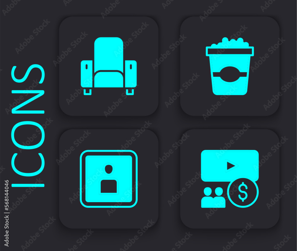 Set Cinema auditorium with screen, chair, Popcorn cardboard box and Play Video icon. Black square button. Vector Set Cinema auditorium with screen, chair, Popcorn cardboard box and Play Video icon. Black square button. Vector