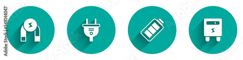 Set Magnet, Electric plug, Battery charge and meter icon with long shadow. Vector