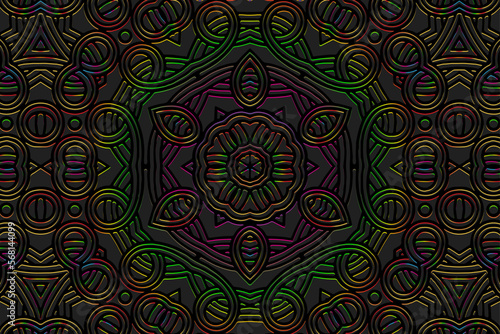 Embossed black background, ethnic cover design. Geometric fantasy exotic floral 3D pattern, press paper, leather. Tribal boho ornaments of East, Asia, India, Mexico, Aztecs, Peru.