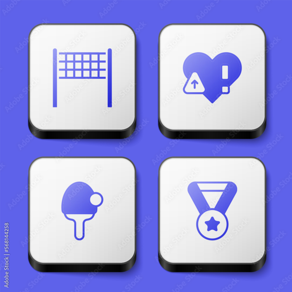 Set Volleyball net, Heart rate, Racket and Medal icon. White square button. Vector Set Volleyball net, Heart rate, Racket and Medal icon. White square button. Vector