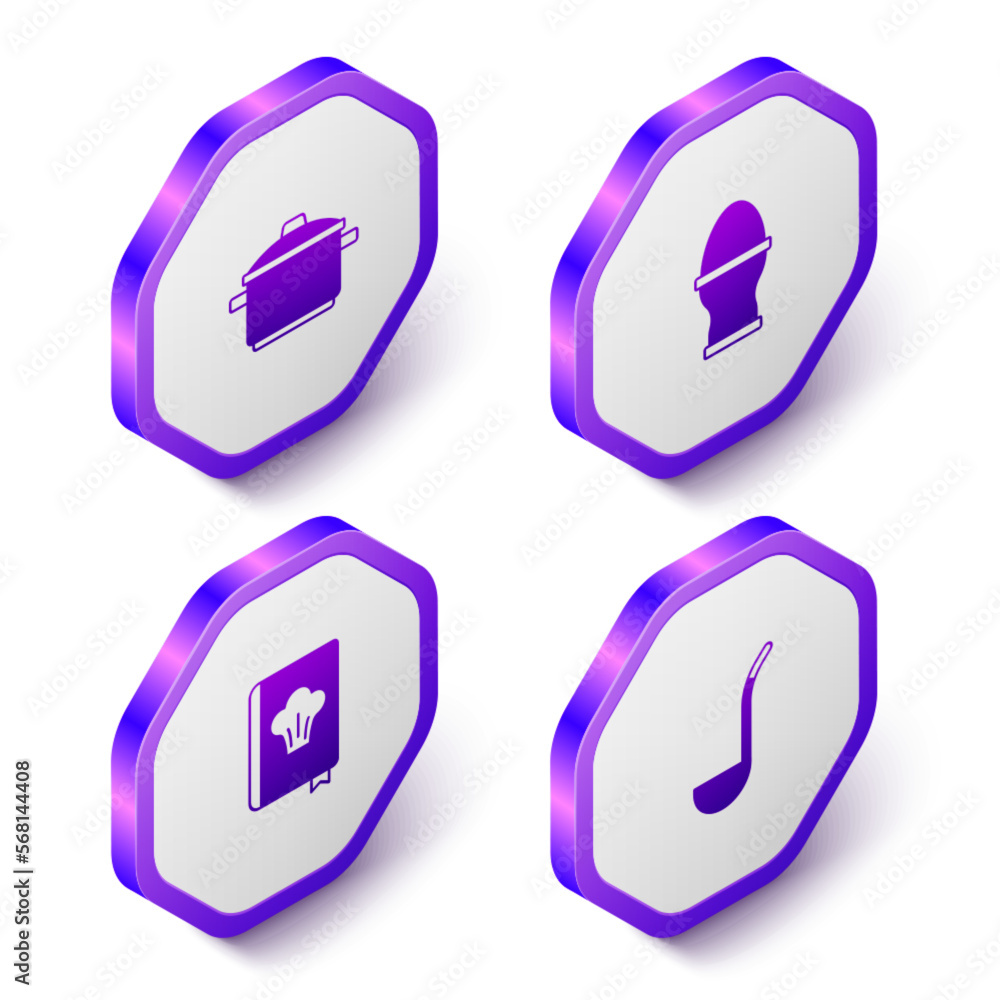 Set Isometric Cooking pot, Chicken egg on a stand, Cookbook and Kitchen ladle icon. Purple hexagon button. Vector Set Isometric Cooking pot, Chicken egg on a stand, Cookbook and Kitchen ladle icon. Purple hexagon button. Vector