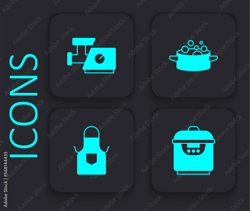 Set Slow cooker, Kitchen meat grinder, Cooking pot and apron icon. Black square button. Vector Set Slow cooker, Kitchen meat grinder, Cooking pot and apron icon. Black square button. Vector