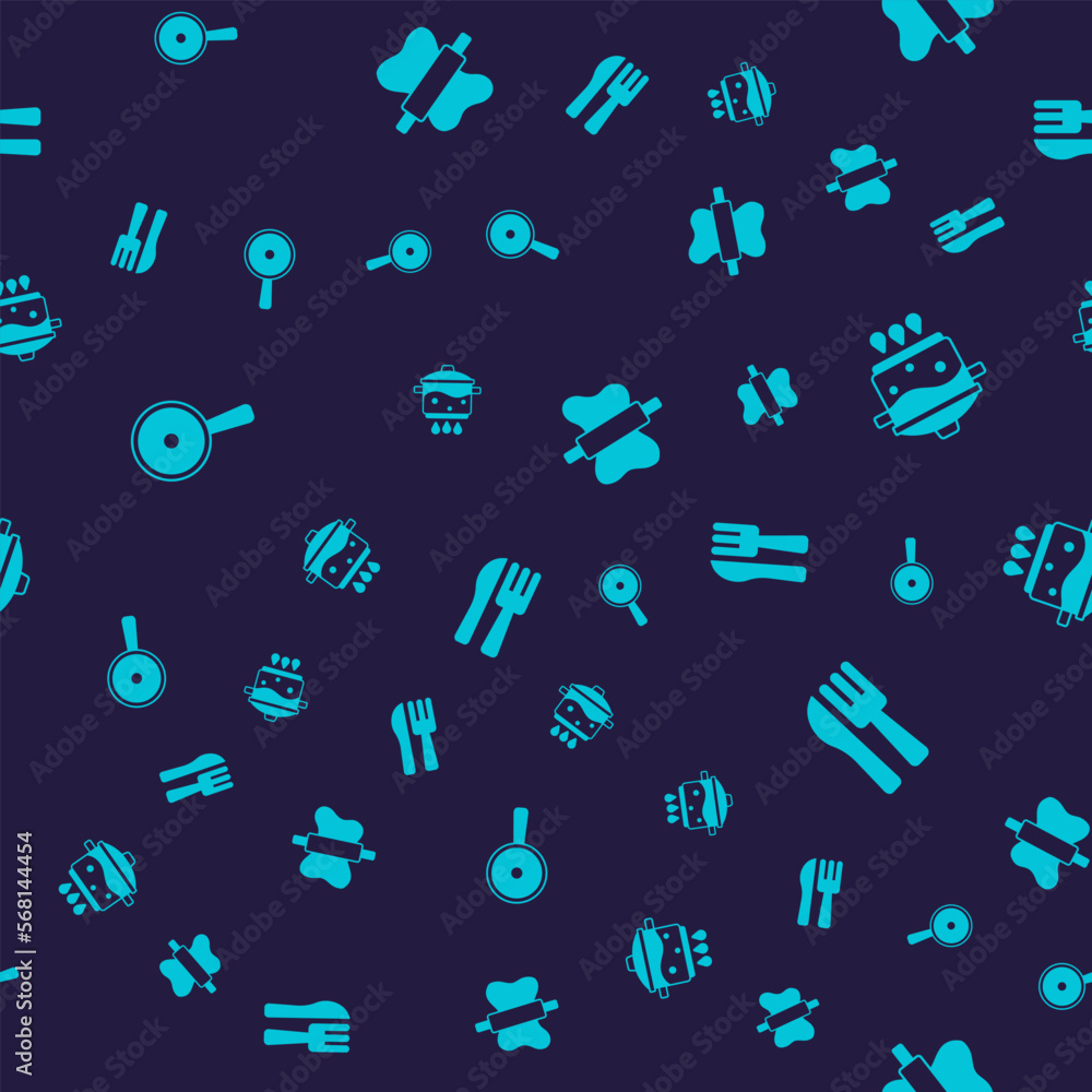 Set Frying pan, Cooking pot on fire, Rolling pin dough and Crossed knife and fork on seamless pattern. Vector Set Frying pan, Cooking pot on fire, Rolling pin dough and Crossed knife and fork on seamless pattern. Vector