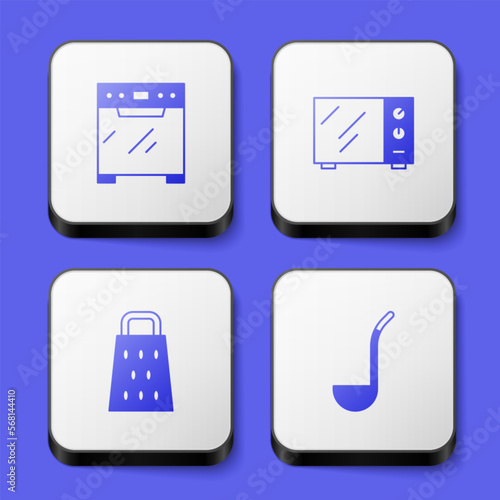 Set Oven, Microwave oven, Grater and Kitchen ladle icon. White square button. Vector