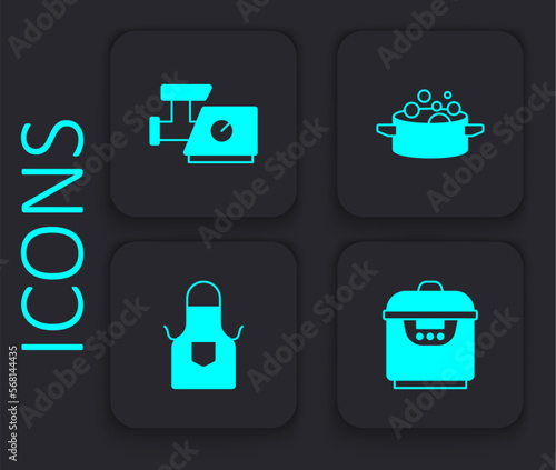 Set Slow cooker, Kitchen meat grinder, Cooking pot and apron icon. Black square button. Vector