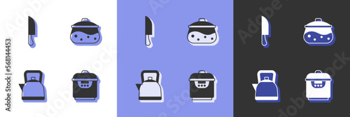 Set Slow cooker, Knife, Kettle with handle and Cooking pot icon. Vector
