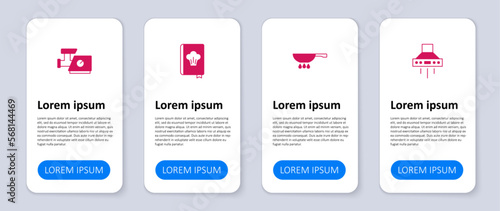 Set Kitchen extractor fan, Frying pan on fire, Cookbook and meat grinder. Business infographic template. Vector