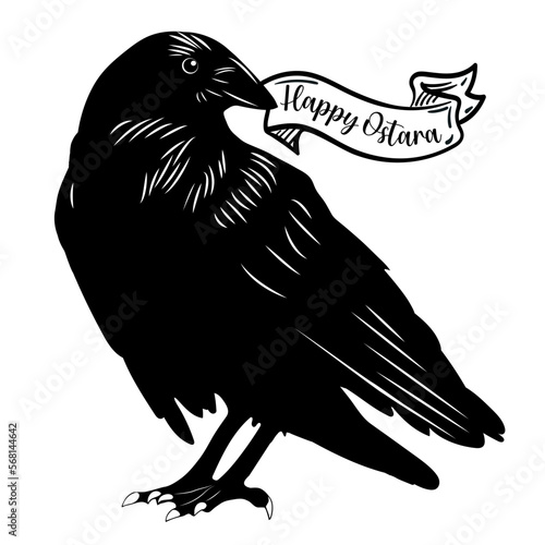Black Raven Crow with Ribbon Happy Ostara. Black and white vector design for logo, greeting card, etc. 