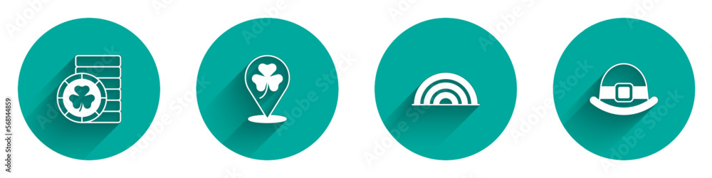 Set Golden leprechaun coin, Clover trefoil leaf, Rainbow and Leprechaun hat icon with long shadow. Vector Set Golden leprechaun coin, Clover trefoil leaf, Rainbow and Leprechaun hat icon with long shadow. Vector