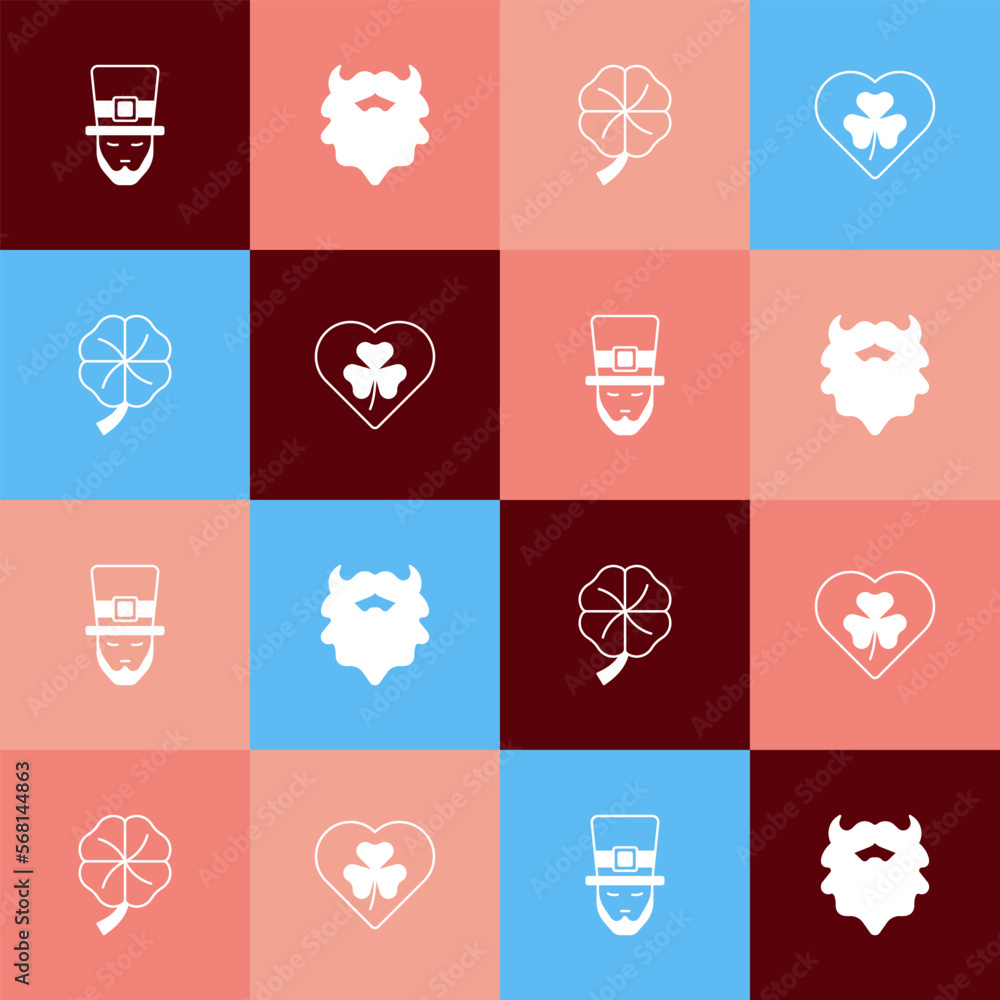 Set pop art Leprechaun, Mustache and beard, Four leaf clover and Heart with trefoil icon. Vector Set pop art Leprechaun, Mustache and beard, Four leaf clover and Heart with trefoil icon. Vector