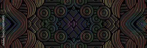 Banner, ethnic fantasy cover design. A relief geometric 3D pattern on a black background. Dudling and Zentangle technique, anti -stress. Tribal boho textures of the East, Asia, India, Mexico, Aztecs