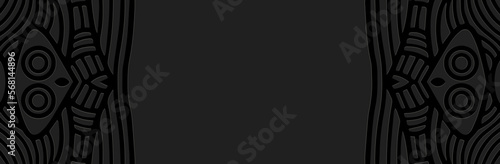 Banner, ethnic cover design. A relief geometric 3D pattern on a black background. Dudling and Zentangle technique, a place for the text. Tribal boho textures of the East, Asia, India, Mexico, Aztecs, 