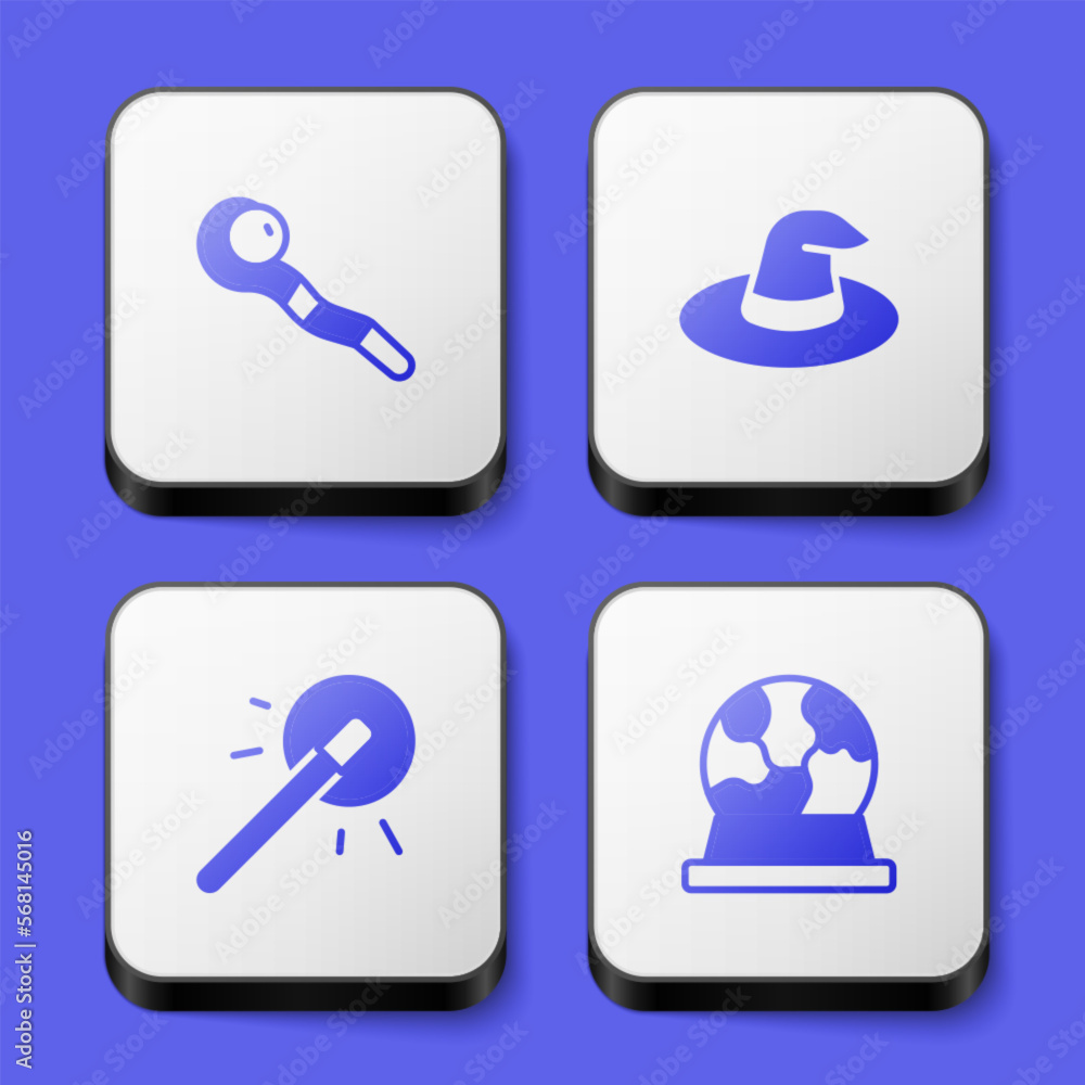 Set Magic staff, Witch hat, wand and ball icon. White square button. Vector Set Magic staff, Witch hat, wand and ball icon. White square button. Vector