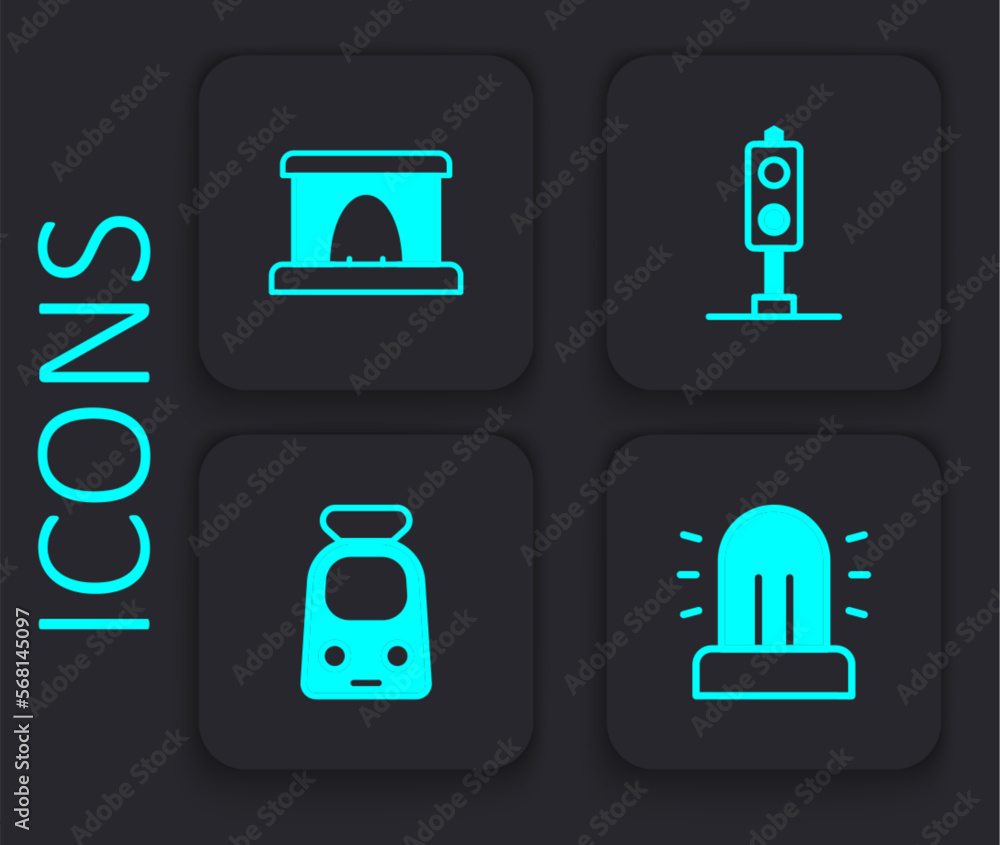 Set Flasher siren, Railway tunnel, Train traffic light and and railway icon. Black square button. Vector Set Flasher siren, Railway tunnel, Train traffic light and and railway icon. Black square button. Vector