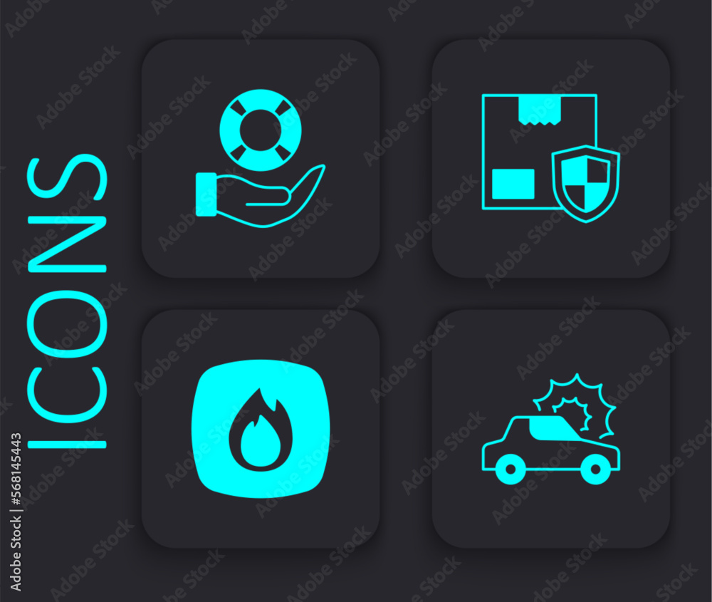 Set Car insurance, Lifebuoy hand, Delivery security with shield and Fire flame icon. Black square button. Vector Set Car insurance, Lifebuoy hand, Delivery security with shield and Fire flame icon. Black square button. Vector