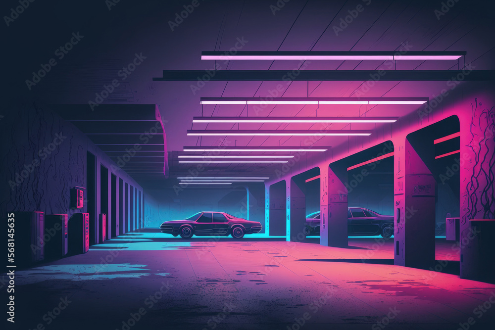 Wide Garage With Studio Neon LED Laser Lights Glow Sci fi futuristic  illustration of a podium car showroom in purple, blue, and red with a  grungy, reflective concrete floor. Generative AI Illustration