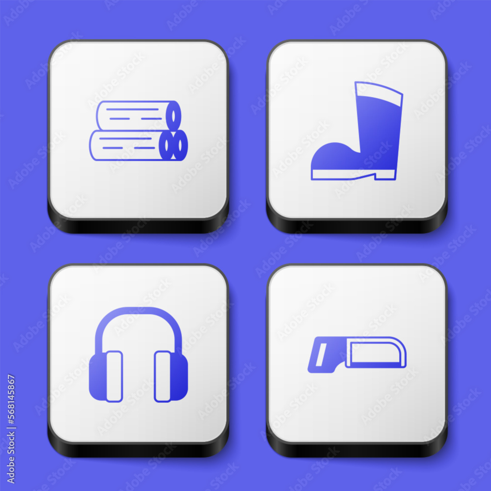 Set Wooden log, Waterproof rubber boot, Headphones and Hacksaw icon. White square button. Vector Set Wooden log, Waterproof rubber boot, Headphones and Hacksaw icon. White square button. Vector