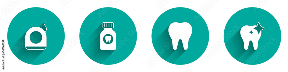 Set Dental floss, Toothache painkiller tablet, and whitening icon with long shadow. Vector Set Dental floss, Toothache painkiller tablet, and whitening icon with long shadow. Vector