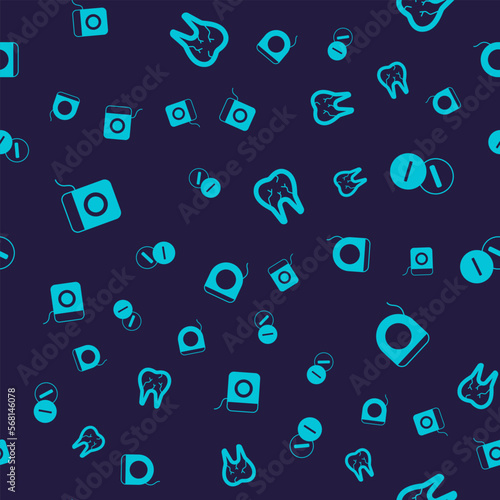 Set Dental floss, Toothache painkiller tablet, Broken tooth and on seamless pattern. Vector
