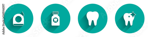 Set Dental floss, Toothache painkiller tablet, and whitening icon with long shadow. Vector