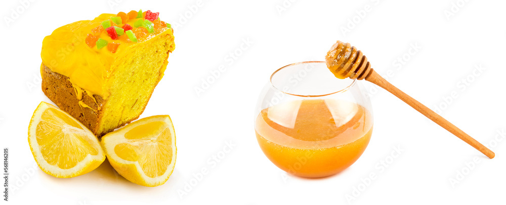 Honey and lemon cake isolated on white . Collage. Free space for text. Honey and lemon cake isolated on white . Collage. Free space for text.