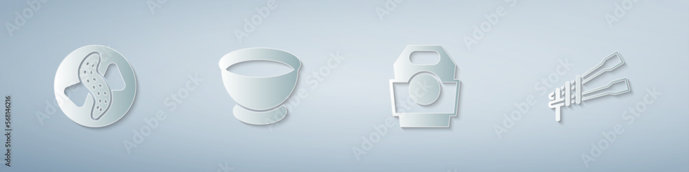Set Served cucumber on a plate, Soy sauce in bowl, Asian noodles paper box and Food chopsticks with. Paper art style. Vector Set Served cucumber on a plate, Soy sauce in bowl, Asian noodles paper box and Food chopsticks with. Paper art style. Vector