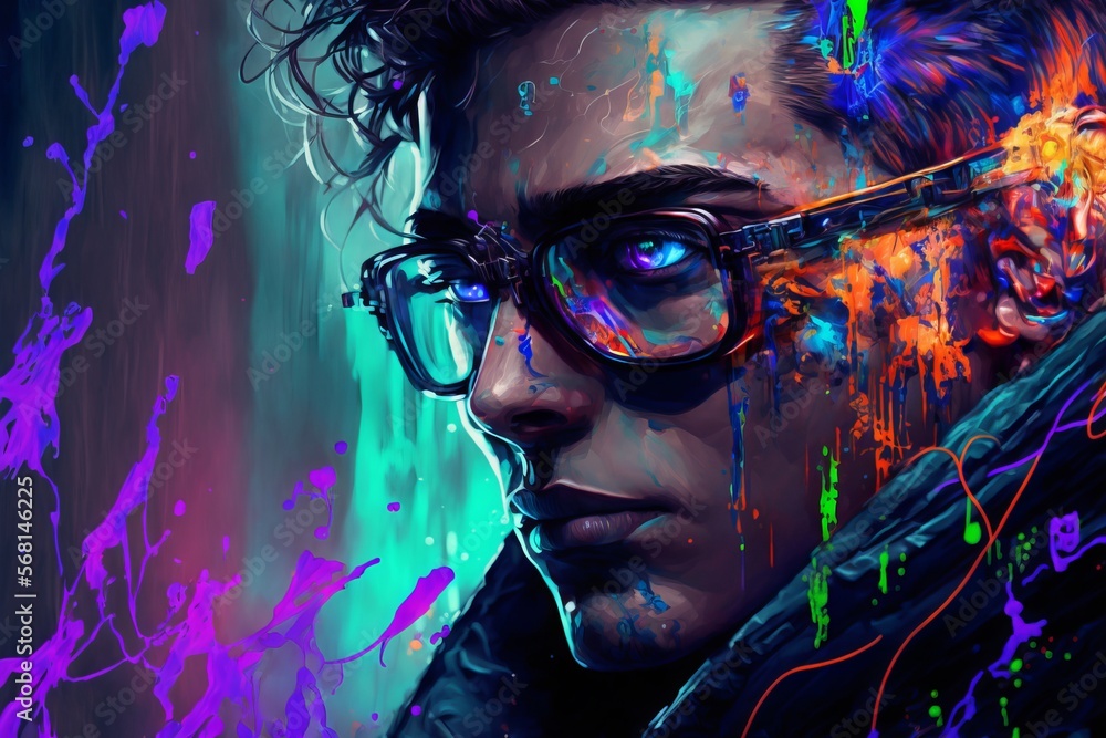 Abstract Portrait of Handsome Young Man Fashion Model with Colourful Paint Splashes and Blue Eyes. A Futuristic Fantasy Look in a Digital Computer Matrix Style - Ai generative illustration