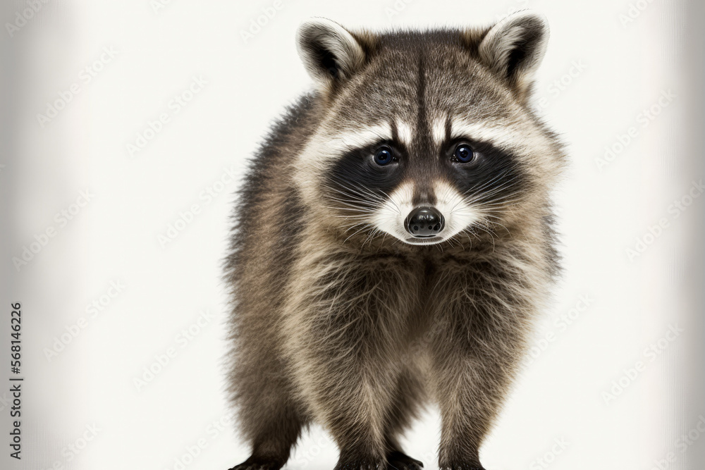 Young Raccoon facing the camera while standing in front, isolated on white. Generative AI
