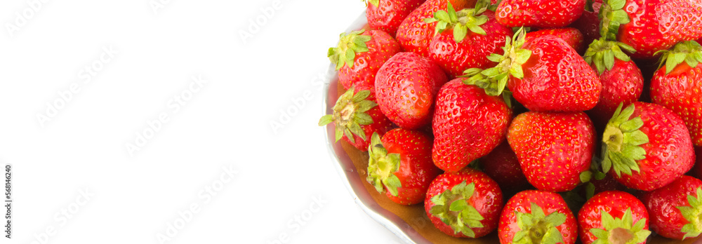 Ripe strawberries isolated on a white background. Wide photo. Free space for text. Ripe strawberries isolated on a white background. Wide photo. Free space for text.