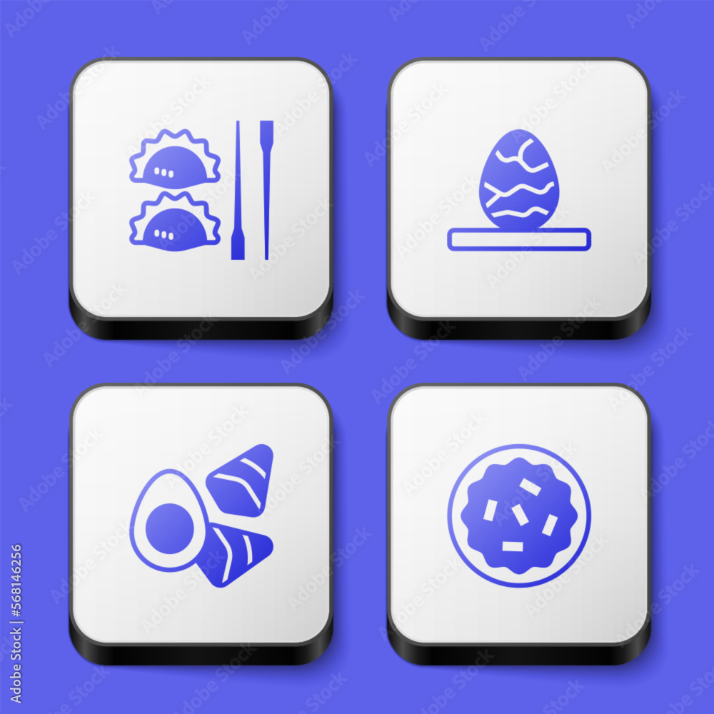 Set Dumpling with chopsticks, Chinese tea egg, Chicken vegerables and Homemade pie icon. White square button. Vector Set Dumpling with chopsticks, Chinese tea egg, Chicken vegerables and Homemade pie icon. White square button. Vector