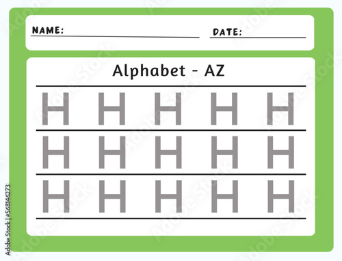 Alphabet tracing worksheet. A-Z writing pages. Letter H uppercase tracing. Handwriting exercise for kids. Printable worksheet.