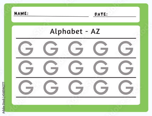 Alphabet tracing worksheet. A-Z writing pages. Letter G uppercase tracing. Handwriting exercise for kids. Printable worksheet.