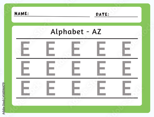 Alphabet tracing worksheet. A-Z writing pages. Letter E uppercase tracing. Handwriting exercise for kids. Printable worksheet.